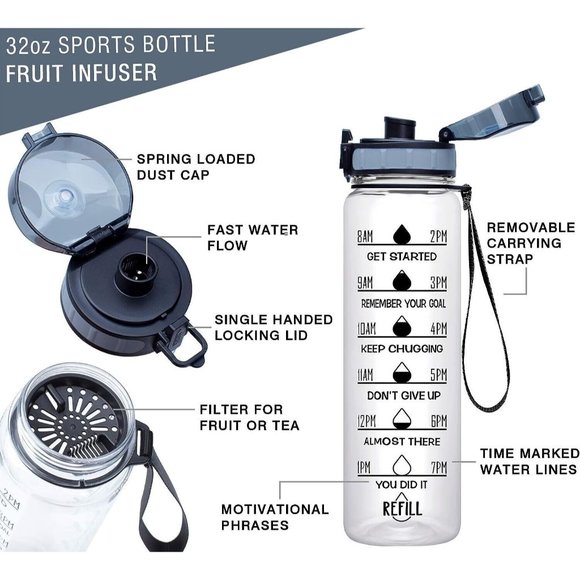 Fidus Large 32oz Water Bottle with Motivational Time Marker & Removable Strainer - Picture 2 of 3